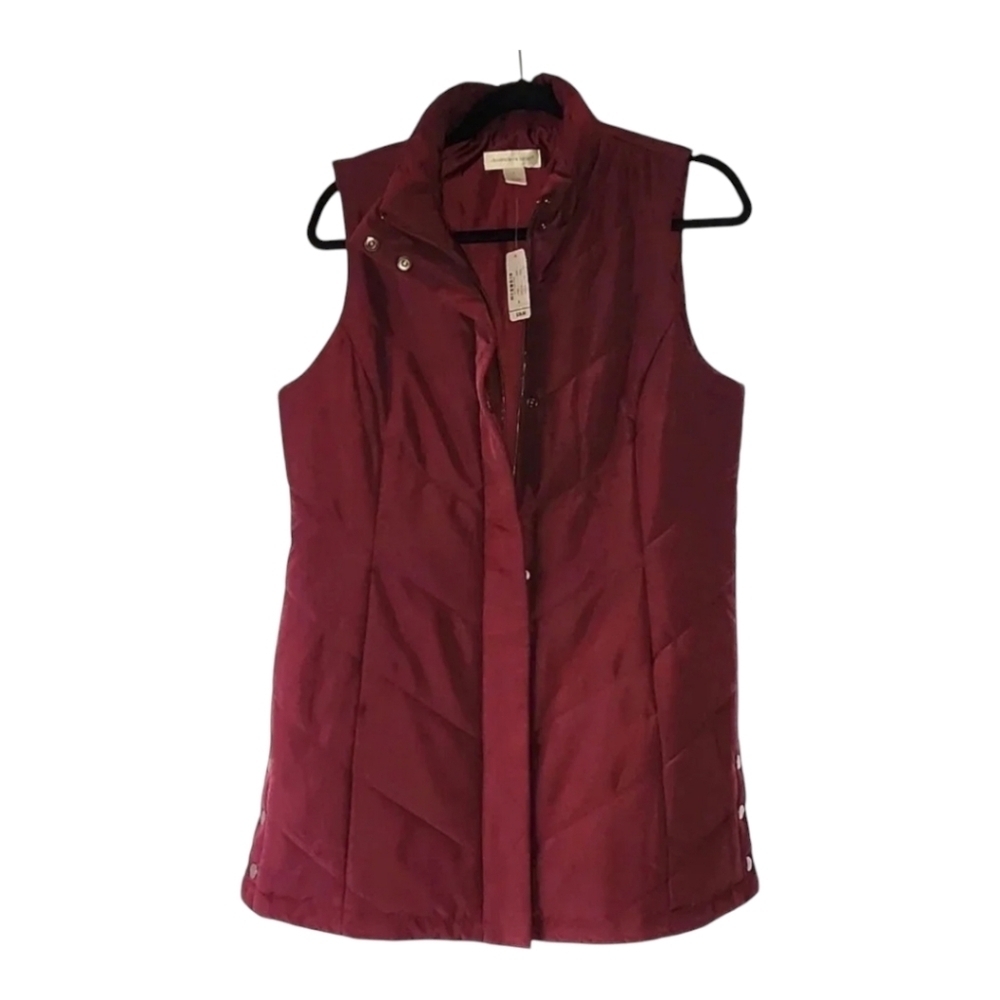 Christopher & Banks Burgundy Quilted Puffer Vest Women's Small Snap Zip Mock - Picture 2 of 5